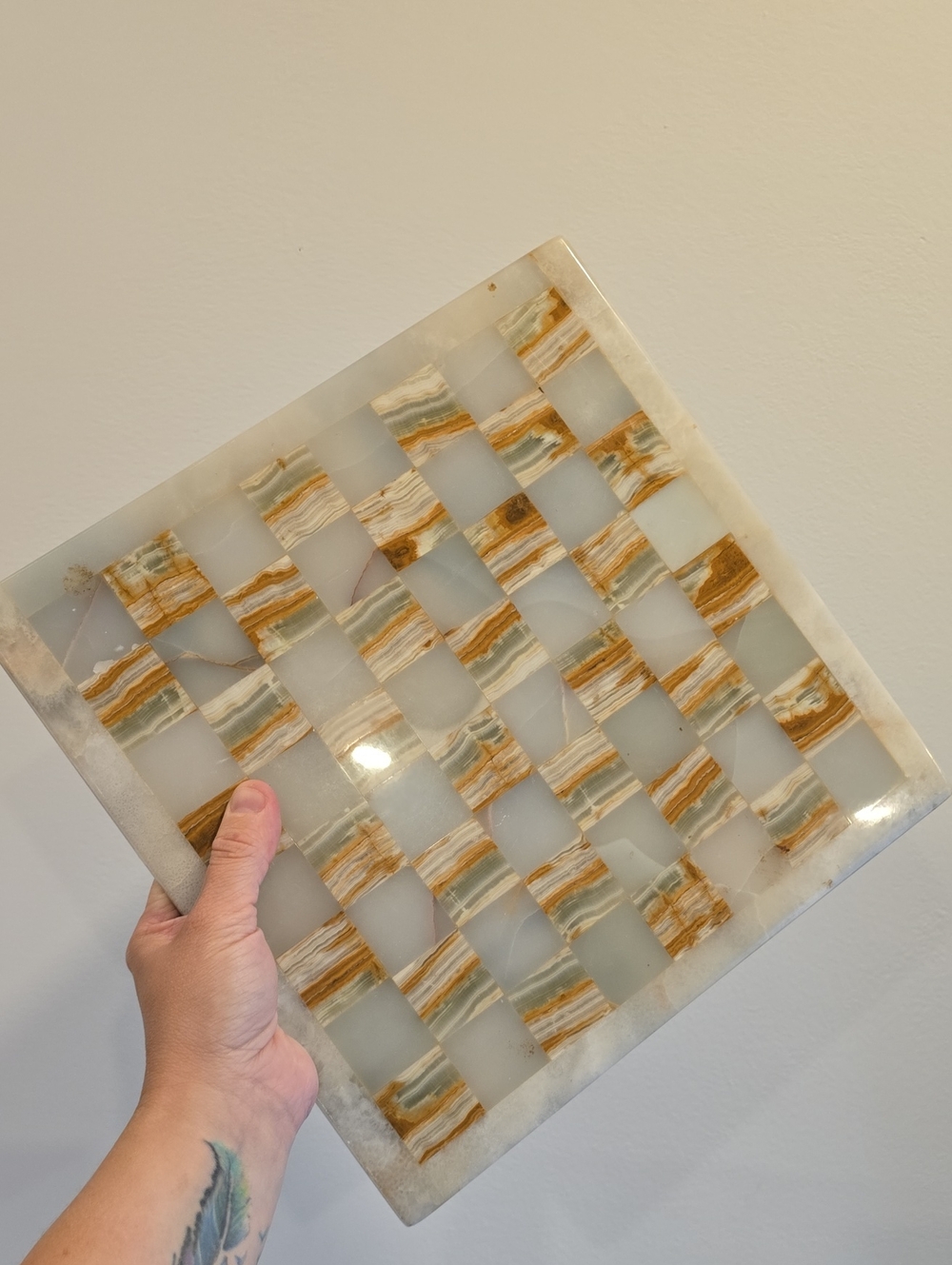 Vintage Natural Stone Onyx Chess Board – Hand-Inlaid, No Pieces